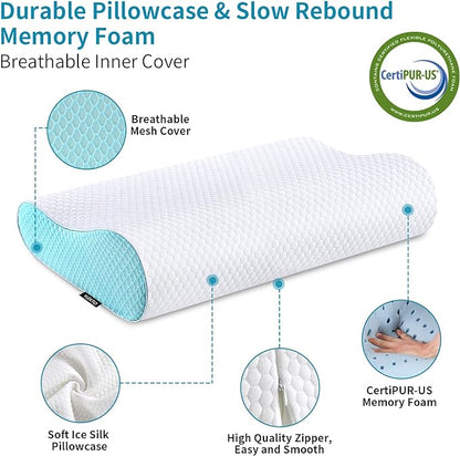 Memory Foam Pillows Neck Pillow Bed Pillow for Sleeping Ergonomic Cervical Contour Pillow for Side Back Stomach Sleeper for Neck and Shoulder Pain - LeafyLoom