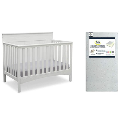 Delta Children Fancy 4-in-1 Crib, Bianca + Serta Perfect Slumber Dual Sided Recycled Fiber Core Crib and Toddler Mattress (Bundle) - LeafyLoom