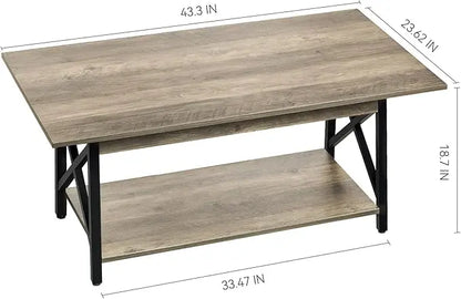 GreenForest Coffee Table Large 43.3 x 23.6 inch Rustic Farmhouse with Storage Shelf for Living Room, Easy Assembly, Grey WASH - LeafyLoom