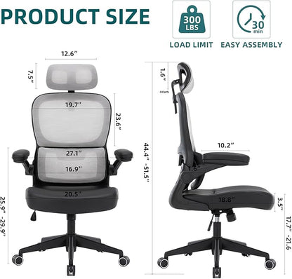 Home Office Chair High Back Computer Desk Chair Ergonomic Task Chair Executive Chair with Lumbar Support Recliner Chair with Adjustable Headrest,Flip-up Armrests (Gray with Nylon Base) - LeafyLoom