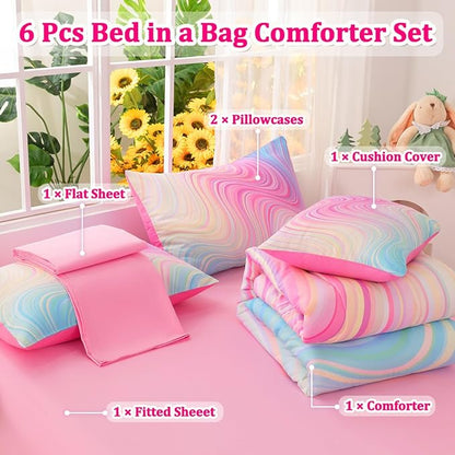 Girls Full Bedding Sets, 6 Pcs Pink Full Szie Comforter Set with Sheets, Tie Dye Superior Blue Pink Rainbow Bedding Set for Girls Kids - LeafyLoom