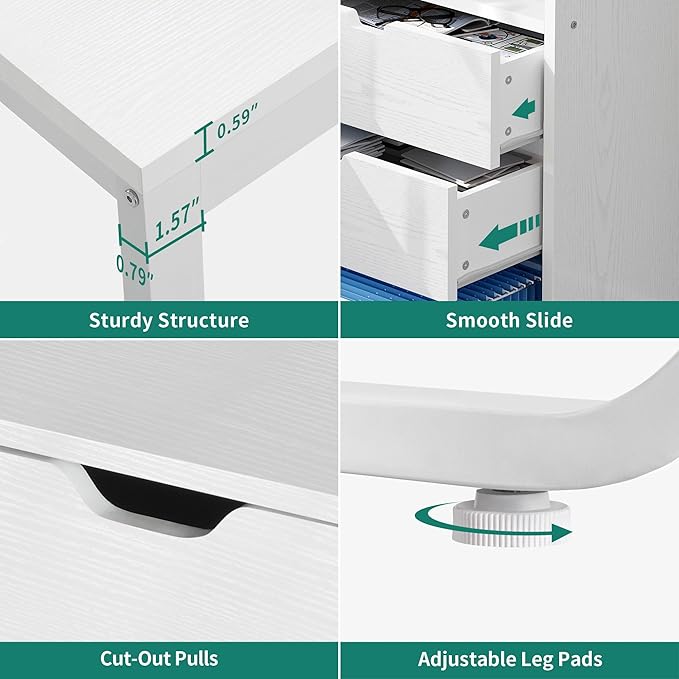 YITAHOME L Shaped Desk with Power Outlets & LED Lights & File Cabinet, 55" Corner Computer Desk with 3 Drawers & 3 Storage Shelves, Home Office Desk with Bookshelf, White - LeafyLoom