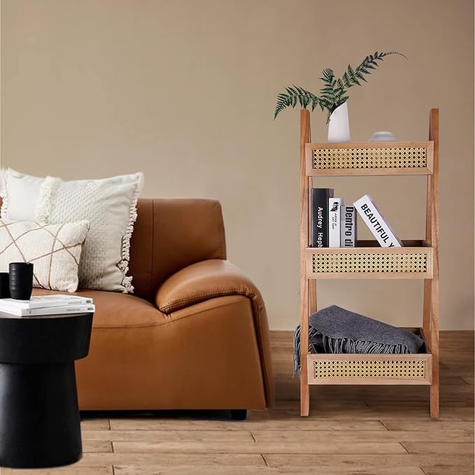 ZYBT Ladder Bookshelf, 3-Tier Rattan Bookshelf, Free Standing Bookcase, Blanket Ladder, Wood Organizer Storage Shelves for Living Room Bedroom Kitchen Bathroom Balcony and Home Office - LeafyLoom