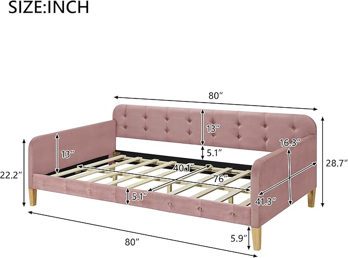 Twin Size Velvet Upholstered Dayed with 4 Support Legs,Multifunction Solid Wood Bed Frame,W/Backrest and Armrests,No Box Spring Needed,for Living Room Dormitory Apartment,Pink - LeafyLoom