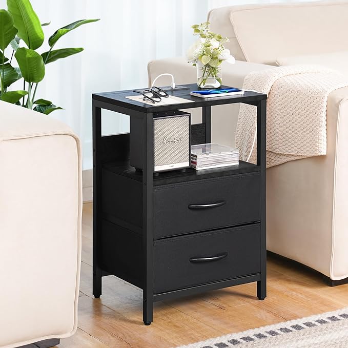 Yoobure Nightstand with Charging Station, Small Night Stand with Fabric Drawers and Storage Shelf for Bedrooms, Nightstands for Small Spaces, Bedside Table with USB Ports & Outlets Bed Side Table - LeafyLoom