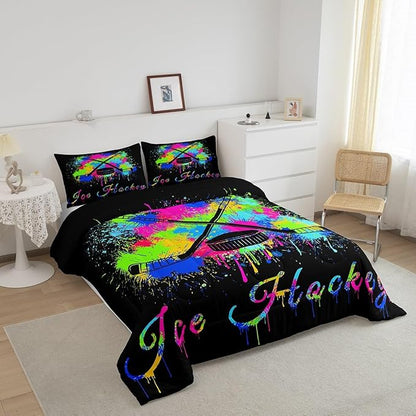 Feelyou Kids Ice Hockey Comforter Set Twin Size Gaming Sports Bedding Set for Boys Girls Teens Bedroom Decor Ice Sports Games Tie Dye Comforter Hockey Player Duvet Set with 1 Pillow Case - LeafyLoom