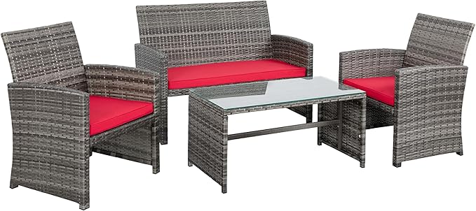 Shintenchi 4-Piece Outdoor Gray Wicker Patio Conversation Furniture Set, Rattan Patio Furniture Set with Weather Resistant Cushions and Tempered Glass Tabletop,Red - LeafyLoom