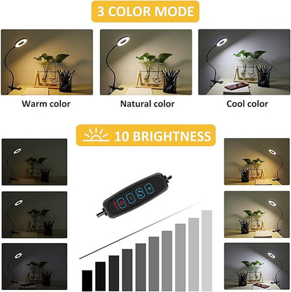 Desk Lamp Clip on Light, Desk Light 48 LED Lamp with 3 Lighting Modes, Dimmable 10 Brightness Levels, 360° Adjustable Gooseneck, Eye-Caring Small Lamp for Bed Headboard Reading（Included Adapter ） - LeafyLoom