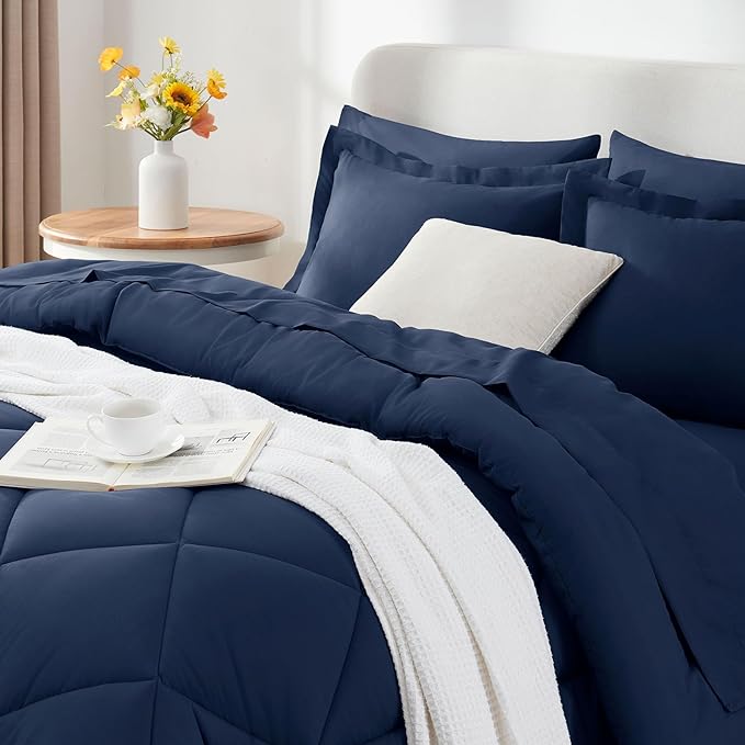 CozyLux Twin Bed in a Bag Comforter Set with Sheets 5 Pieces for Girls and Boys Navy Blue All Season Bedding Sets with Comforter, Pillow Sham, Flat Sheet, Fitted Sheet and Pillowcase - LeafyLoom