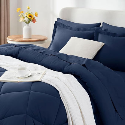 CozyLux Twin Bed in a Bag Comforter Set with Sheets 5 Pieces for Girls and Boys Navy Blue All Season Bedding Sets with Comforter, Pillow Sham, Flat Sheet, Fitted Sheet and Pillowcase - LeafyLoom