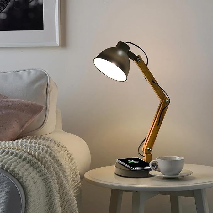 ELINKUME LED Desk Working Lamp with Charging(Wireless/USB-A/Typ-C),Wood Swing Arm Table Bedside Lamp, Black Metal Lampshade,Vintage Reading Light for Office,Study,Bedroom,Living Room(Excluding Bulb) - LeafyLoom