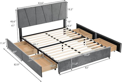 Queen Size Upholstered Platform Bed Frame with 4 Storage Drawers and Adjustable Headboard, Wooden Slats Support, No Box Spring Needed, Gray - LeafyLoom