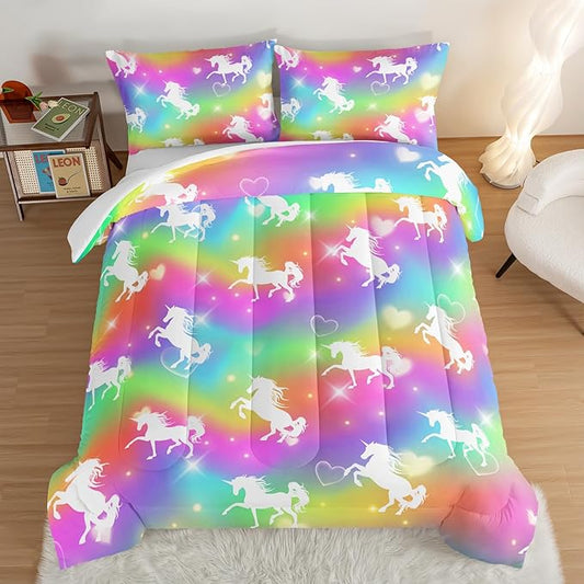 HOSIMA Unicorn Bedding 3pcs Rainbow Comforter Set with 2 Pillowcases,Sparkle Stars King Size Comforter Set for Adults Teen Girls,Cute Rainbow Unicorn Comforter Princess Toddler Bedding Set. - LeafyLoom