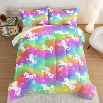 HOSIMA Unicorn Bedding 3pcs Rainbow Comforter Set with 2 Pillowcases,Sparkle Stars Twin Bed in a Bag Sets for Adults Teen Girls,Cute Rainbow Unicorn Twin Comforter Princess Toddler Bedding Set. - LeafyLoom