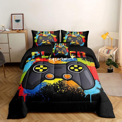 6 Pieces Gaming Bedding Set for Boys Gamer Comforter Set Full Size,Game Controller Comforter for Boys Kids 6 Pieces Bed in A Bag 3D Gamepad Microfiber Bedding Sets,DJT H5019 Full - LeafyLoom