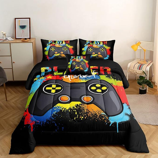 5 Pieces Gaming Bedding Set for Boys Gamer Comforter Set Twin Size,Game Controller Comforter for Boys Kids 5 Pieces Bed in A Bag 3D Gamepad Microfiber Bedding Sets,DJT H5019 Twin - LeafyLoom