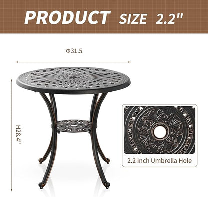 Cast Aluminum Patio Dining Set, Outdoor Bistro Set, 31.5"" Round Patio Table with Umbrella Hole, 2 Patio Chairs for Yard Porch Garden Balcony, Bronze 4 - LeafyLoom