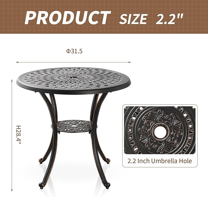 Cast Aluminum Patio Dining Set, Outdoor Bistro Set, 31.5" Round Patio Table with Umbrella Hole, 2 Patio Chairs for Yard Porch Garden Balcony - LeafyLoom