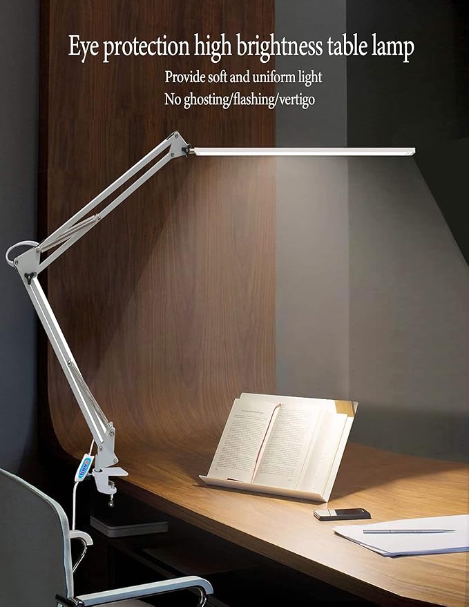 80 LED Desk Lamp(12W, Metal Swing Arm Dimmable Task Lamp, 5 Modes, 10 Brightness Levels,Eye Protection Desk lamp for Reading, Study,Working, Home and Office Lamp 1100 lumens,USB Adapter - LeafyLoom