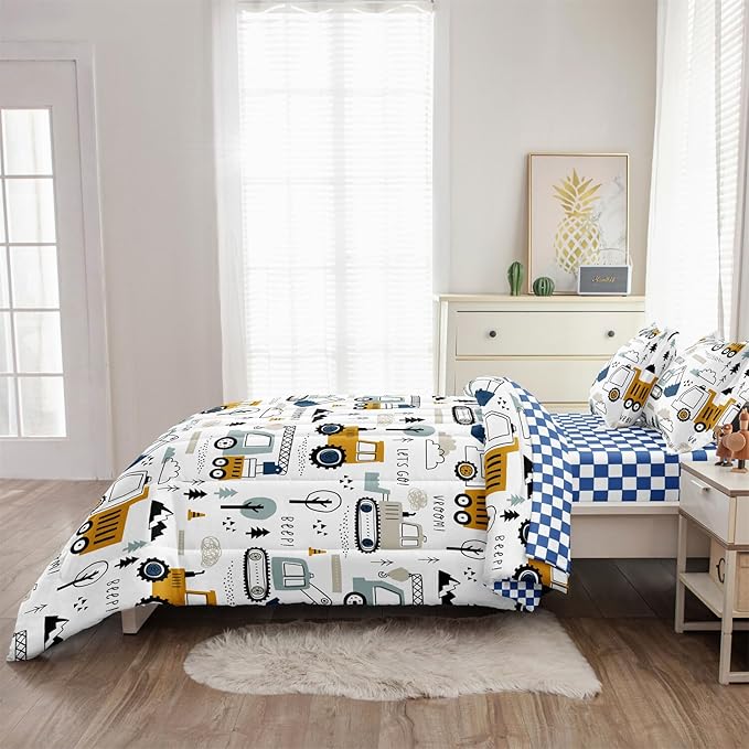 4-Pcs Construction Twin Size Boys Bedding Set, Kids Comforter Set for Teens w/Sheets and Pillowcase, Soft Cartoon Tractor Cars Bed in a Bag Sets - LeafyLoom