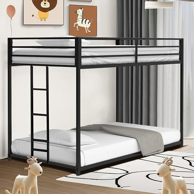 Twin Over Twin Bunk Bed - LifeSky Metal Low Profile Bunkbed with Side Ladder Black - LeafyLoom