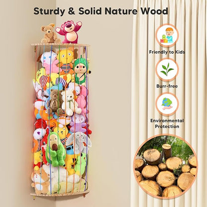 Stuffed Animal Storage Toy Organizer, Wood Corner Plushies Storage Wall Shelf Adjustable Length Stuffed Animal Holder, Large Kids Toy Storage for Nursery Playroom Bedroom Kid Room - LeafyLoom