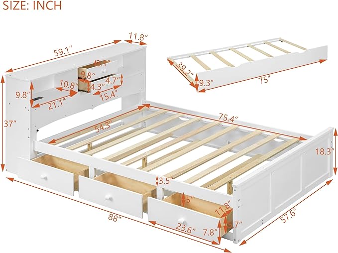 Full Size Wood Pltaform Trundle and 3 Drawers/Upper Shelves,Multifunctional Storage Bed Frame,W/a Set of USB Ports & Sockets,for Apartment,Bedroom,Living Room,White - LeafyLoom