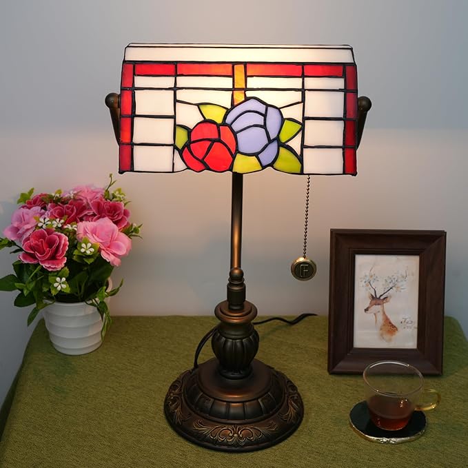 Bankers Lamp,Stained Glass Lamp,Dimmable Vintage Desk Lamp for Home Office Workplace Nightstand Bedroom Library Piano LED Bulb Included (roses) - LeafyLoom