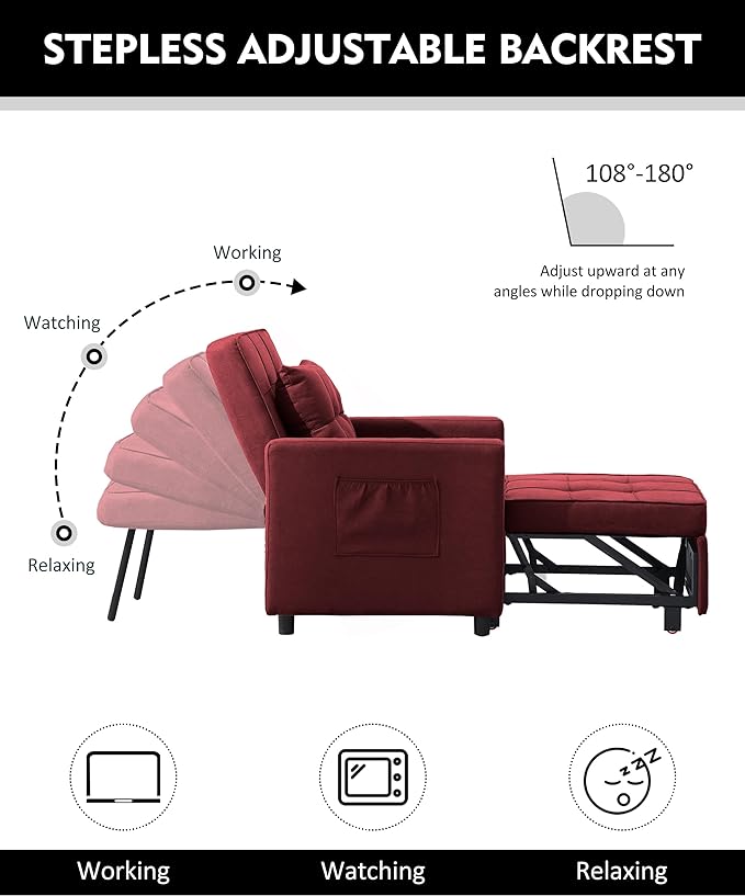 XSPRACER [UPDATED] Convertible Chair Bed, Sleeper Chair Bed 3 in 1, Stepless Adjustable Backrest,Armchair, Sofa, Bed, Fleece, Red, Single One - LeafyLoom