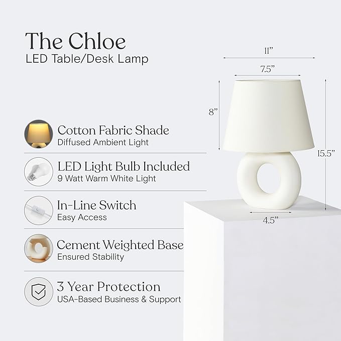 Brightech Chloe LED Table Lamp - Unique Modern Ceramic Lamp for Bedroom, Bedside, Desk - Cozy Night Light with Soft White Light for Living Room, Home Office - LeafyLoom