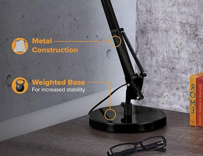 Bostitch Office VLF100D Swing Arm Desk Lamp, Metal, 36" Reach with Multi-Joint Adjustment, Includes Replaceable LED Bulb (VLF), Black - LeafyLoom