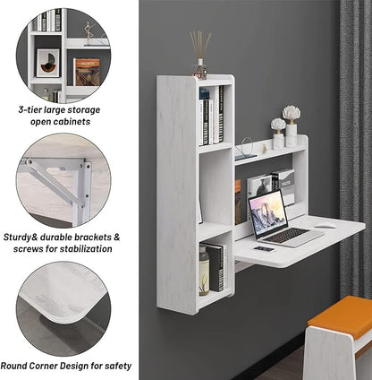 Pmnianhua Floating Desk,41'' Wall Mounted Desk Fold Down Laptop Desk Folding Space Saving Table Workstation with Storage Shelves for Bedroom Study Room Small Space (Off White-Left) - LeafyLoom