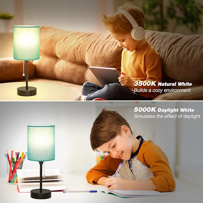 Dicoool Green Table Lamps 3 Color Temperatures - 2700K 3500K 5000K Bedside Lamp with USB C and A Ports, Pull Chain Lamp for Bedroom with AC Outlet, Nightstand Lamp with Black Metal Base for Kids Boys - LeafyLoom