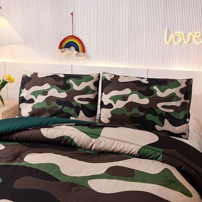 Meeting Story Camouflage Bedding Set, Colorful Pattern Style Comforter Set, 5 PCS One Comforter Two Pillowcases Two Sheets in One Bag, All Season Bedspread for Teens Adults (Green, Full 5Pcs) - LeafyLoom