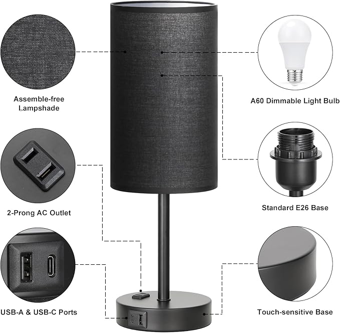 Touch Nightstand Lamp - Black, 3-Way Dimmable, USB A + C Charging, AC Outlet, 17.4inch Medium - LeafyLoom