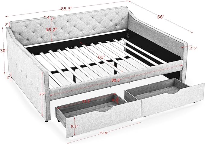 RITSU Queen Size Upholstered Tufted Daybed with Two Pull Out Drawers Sofa Bed, Button Polyester on Back, Waved Shape Arms for Bedroom, Living Room,No Need Boxing Spring, Beige, 85.50 - LeafyLoom