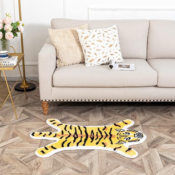 Tiger Shaped Bath Mat for Bathroom Cute Animals Yellow Tiger Cartoon Bath Rug Non-Slip Absorbent Bathtub Rug for Bathroom Tub Door Mat Soft Bathmat Home Decor - LeafyLoom