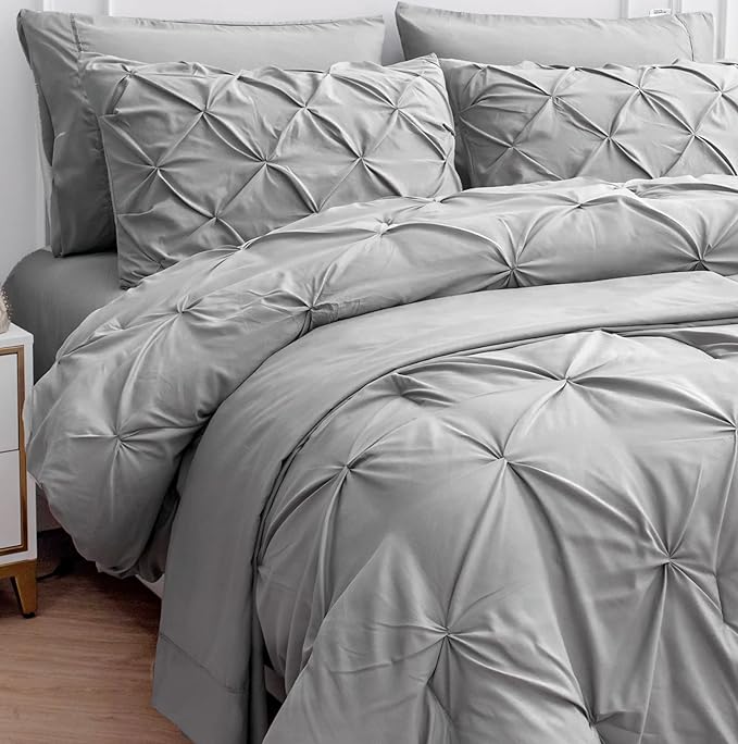 LANE LINEN Twin XL Comforter Set, 5 Piece Twin XL Bedding Set, Pintuck Twin XL Bed in a Bag, Twin XL Bed Set, Twin XL Bed Comforter Set with Sheets, Pillowcase & Sham, Bedding Comforter Sets - Silver - LeafyLoom