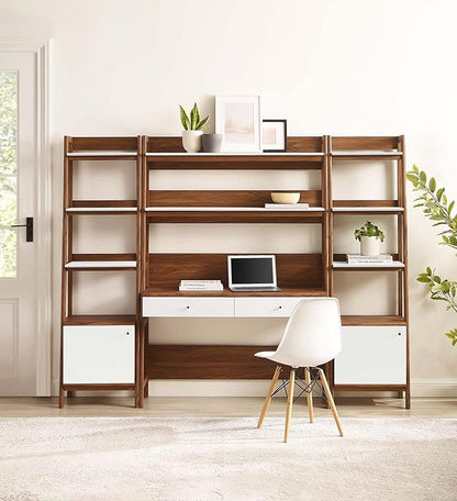 Modway Bixby 3-Piece Home Office Desk and Bookshelf Display Case in Walnut White - LeafyLoom