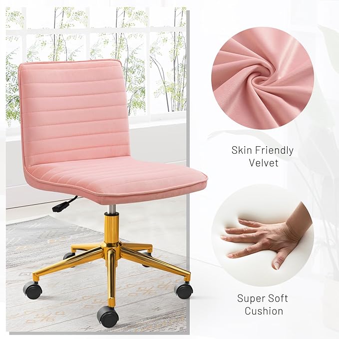 Furniliving Home Office Chair, Armless Vanity Chair with Wheels Swivel Velvet Computer Rolling Desk Chair with Back, Adjustable Accent Chair with Gold Metal Base Stool Chair,Pink - LeafyLoom