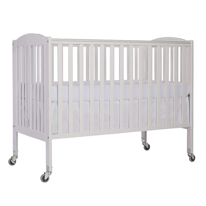 Folding Full Size Convenience Crib In White, Two Adjustable Mattress Height Positions, Comes With Heavy Duty Locking Wheels, Flat Folding Crib - LeafyLoom