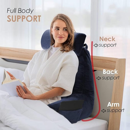 Nestl Reading Pillow with Portable Laptop Lap Desk, Velvet Feel Back Pillow for Sitting in Bed, Shredded Memory Foam Back Support Pillow for Bed, Bed Rest Pillow with Arms, Large - Navy - LeafyLoom