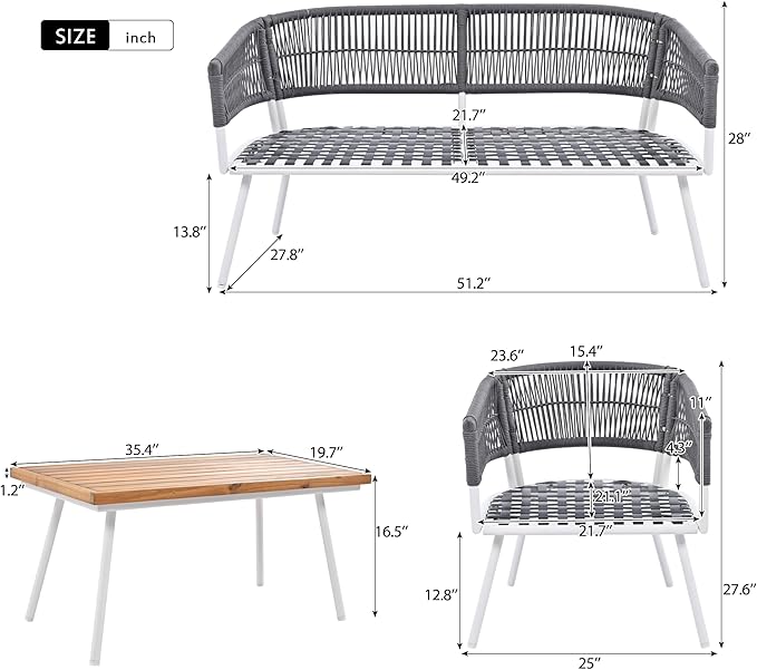 4-Piece Outdoor Patio Furniture Boho Rope Weave Set, Conversation Loveseat Sofa&Chairs with Acacia Wood Table and Thick Cushions, for Garden Backyard Balcony, Onesize, Navy Blue - LeafyLoom