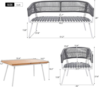 4-Piece Outdoor Patio Furniture Boho Rope Weave Set, Conversation Loveseat Sofa&Chairs with Acacia Wood Table and Thick Cushions, for Garden Backyard Balcony, Onesize, Navy Blue - LeafyLoom