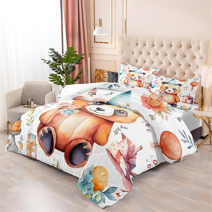 Panda Comforter Set Queen Size, Cute Brown Panda Pattern Queen Size Comforter Set, Kawaii Cute Animal Printed Kids Bedroom Decor, 3Pcs Bedding Set Printed Comforter with 2 Pillowcases, All Season - LeafyLoom