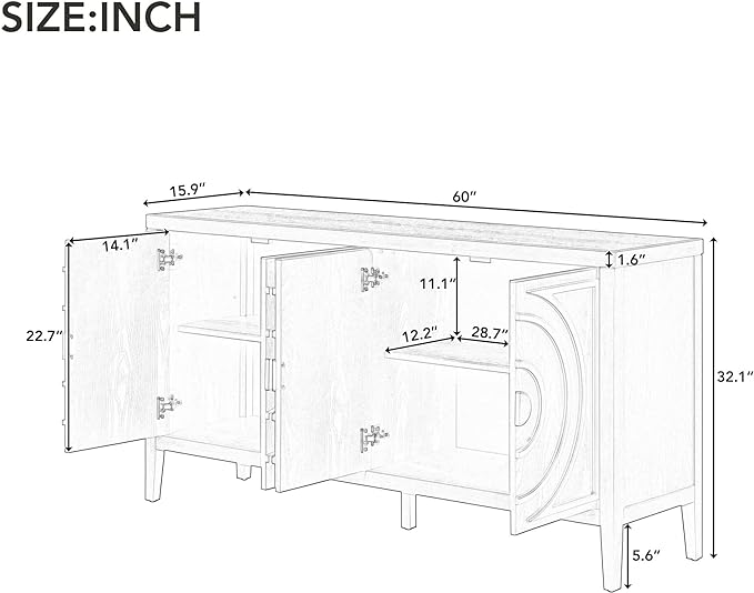 Retro Sideboard with Circular Groove Design Round Metal Door Handle,Wooden Buffet Cabinet,W/Adjustable Shelves & Open Countertop,for Entrance Living Dinning Room,White, 60" - LeafyLoom