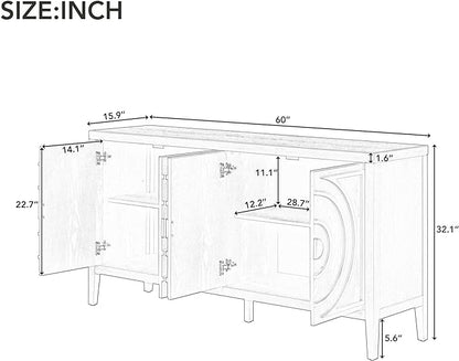 Retro Sideboard with Circular Groove Design Round Metal Door Handle,Wooden Buffet Cabinet,W/Adjustable Shelves & Open Countertop,for Entrance Living Dinning Room,White, 60" - LeafyLoom
