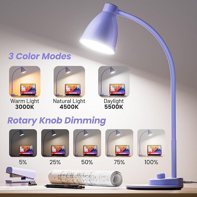 BOHON LED Desk Lamp with USB Charging Port, 3 Color Modes Fully Dimmable Reading Lamp, Auto Dimming Task Lamp, Flexible Gooseneck Table Light for Office Dorm Bedside, Adapter Include, Lilac Purple - LeafyLoom