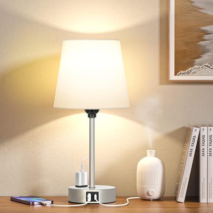 Table Lamps for Bedrooms Set of 2 Bedside - Nightstand with USB C Port and AC Outlet Charging, Dimmable Touch Small White End Side Lamp Light for Kid/Guest Room/Living Room - LeafyLoom