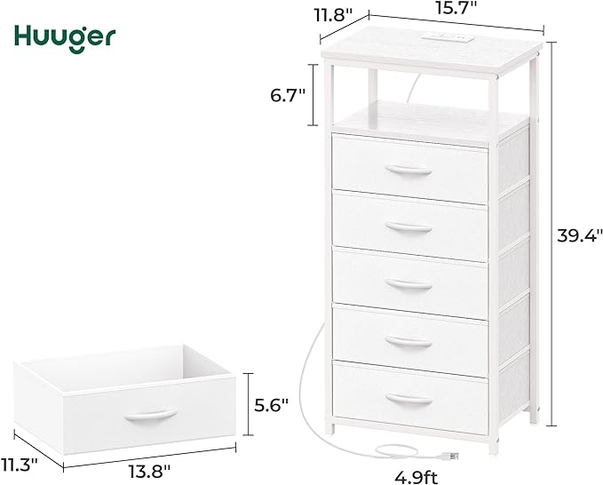 5 Drawers Dresser with Charging Station, Dresser for Bedroom, Tall Night Stand, Chest of Drawers with PU Leather Finish, Open Shelf, Bedside Table Nightstand, for Entryway, White - LeafyLoom